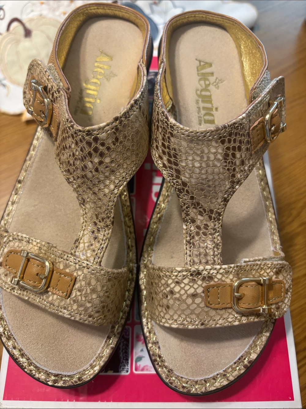 Alegria Women's Metallic Gold-Tan Snake Print Wedge Sandals